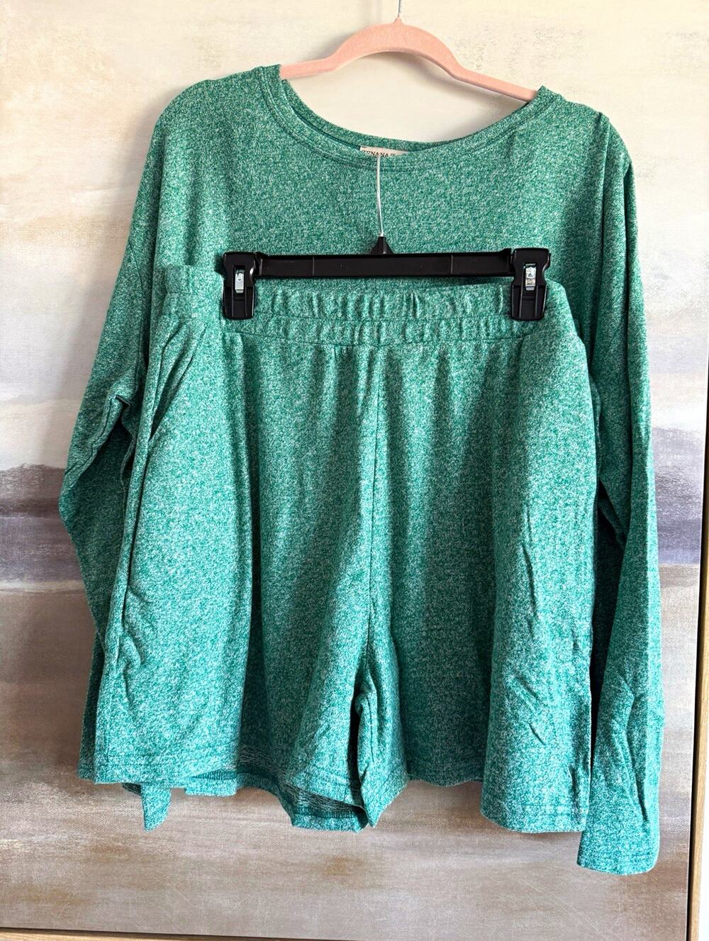 Zenana Knit Long Sleeve Crew Neck Top & Shorts Set Green Plus 2X